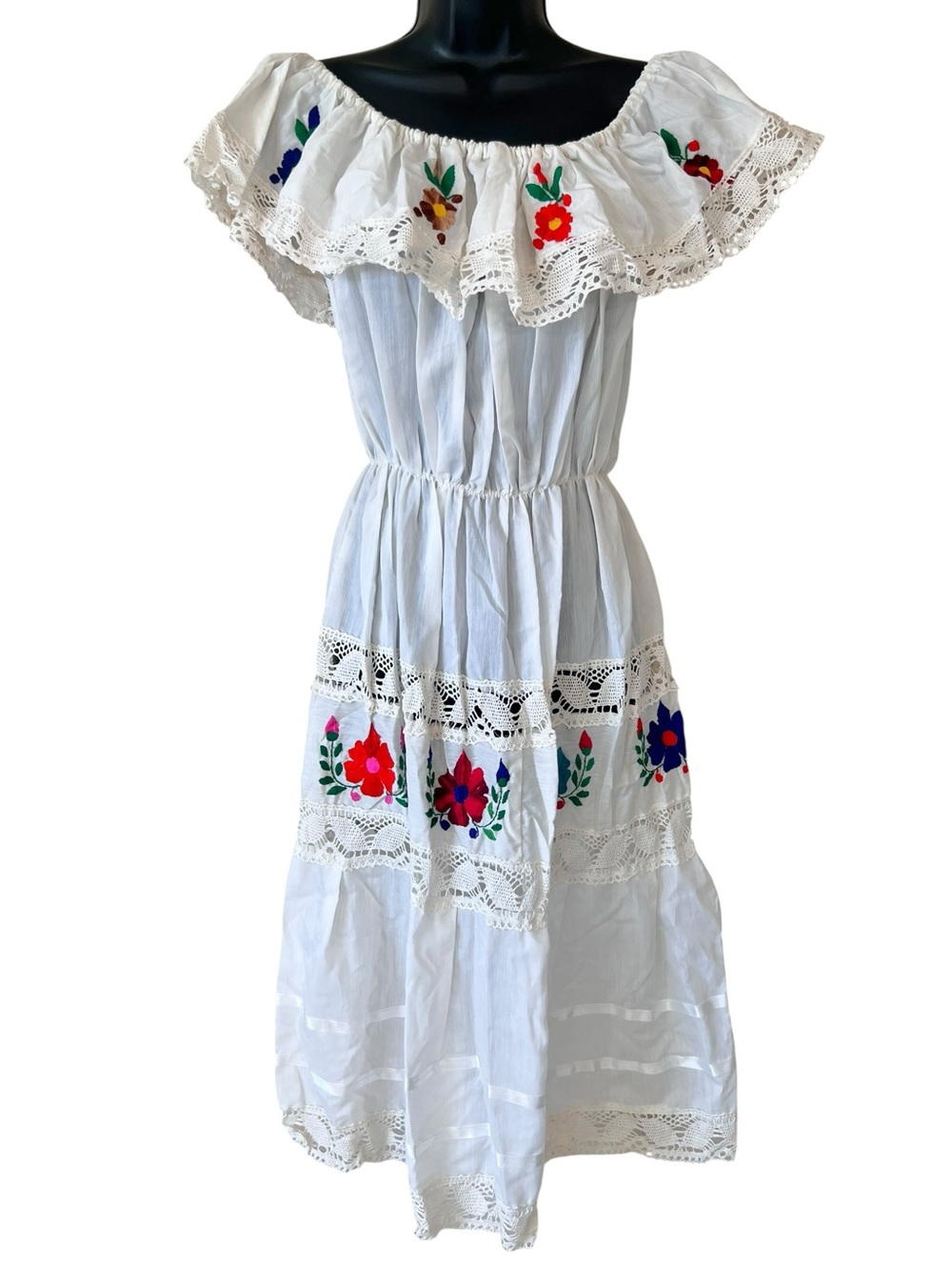Traditional White Cotton Crochet Embroidered Off the Shoulder Dress